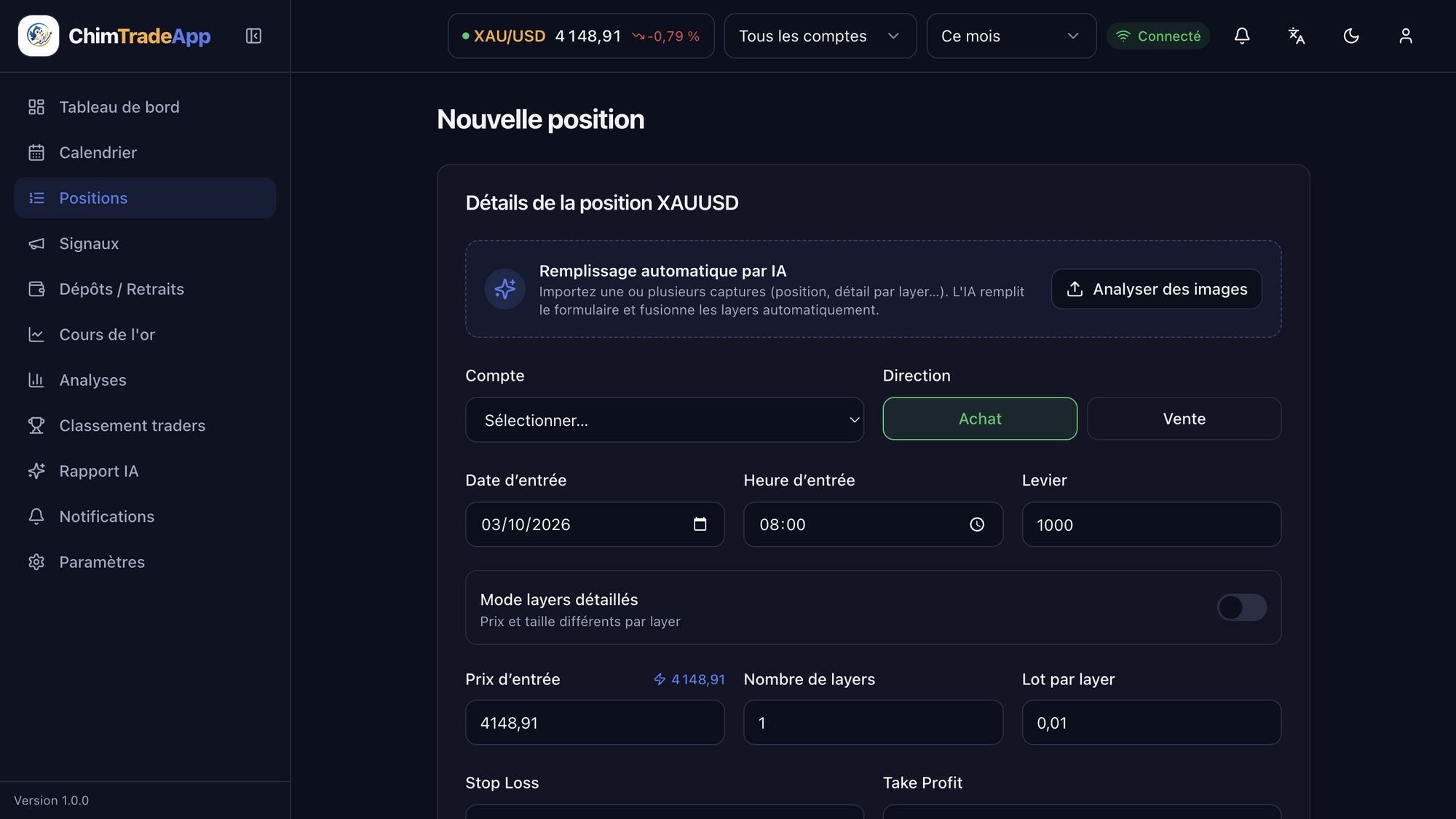 New XAUUSD trade form in ChimTradeApp